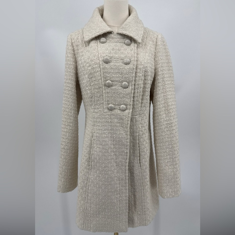 Tulle Cream Textured Wool Blend Double Breasted Peacoat Vintage Style Coat Large